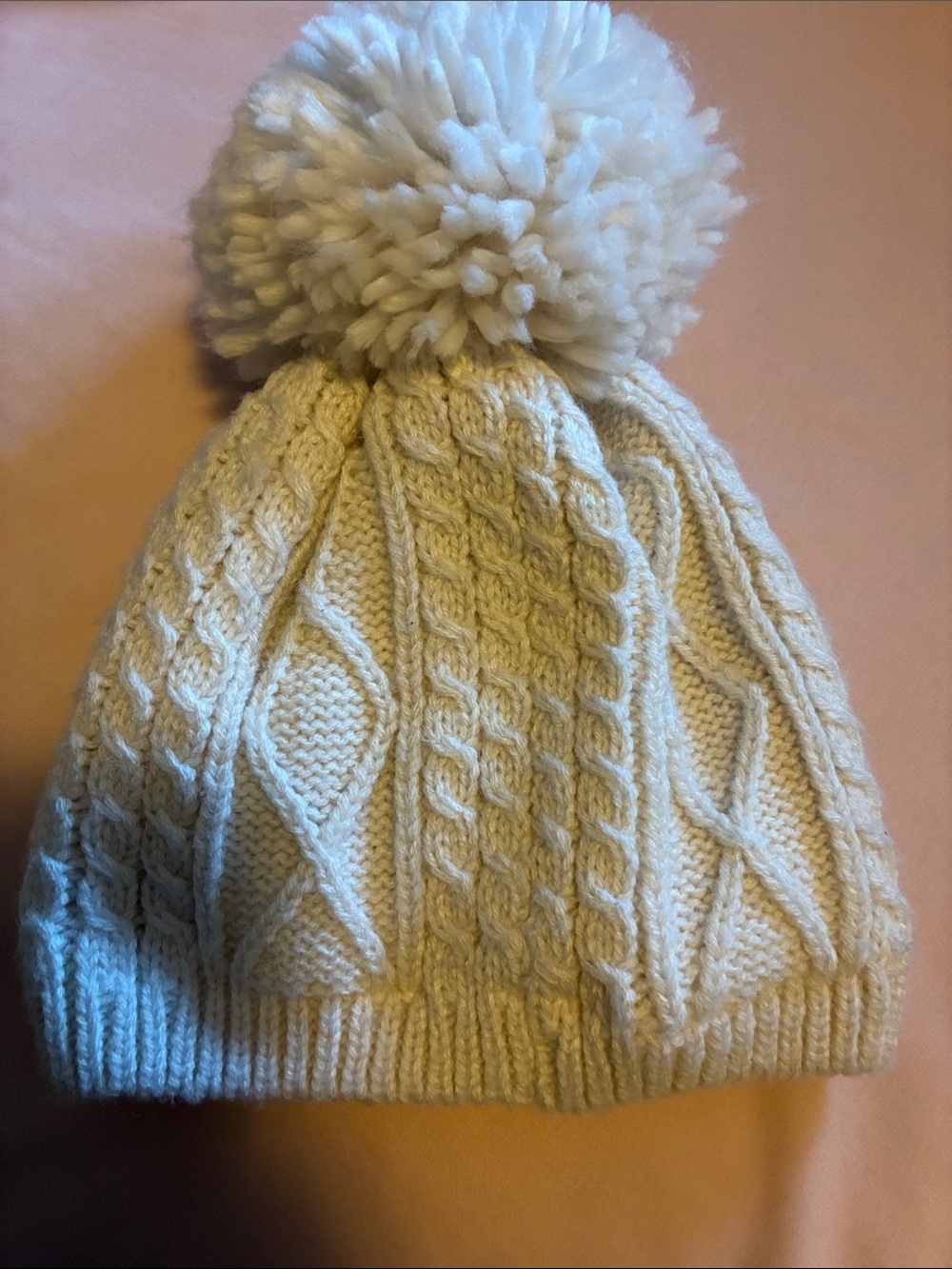 Children’s Place Cream Knit Pom Pom Hat with Pink Flower Appliqués - Picture 2 of 3